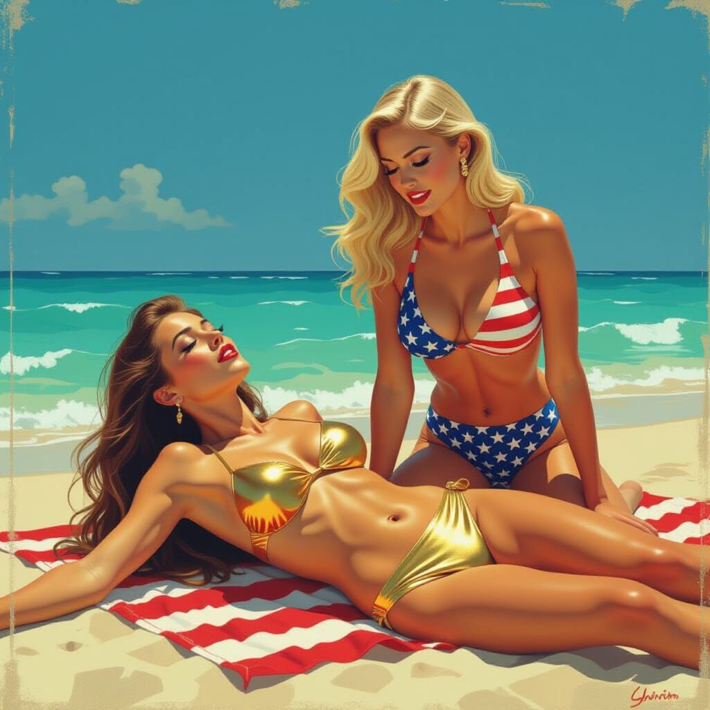 Beach Victory: Women in Bikinis, Dramatic Art Style
