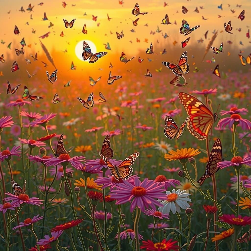 Serene Wildflower Meadow at Dusk with Colorful Butterflies