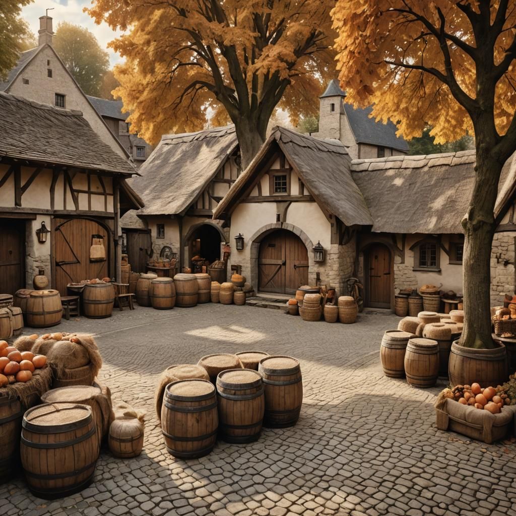 Medieval Village With Autumn Trees in Rustic Style