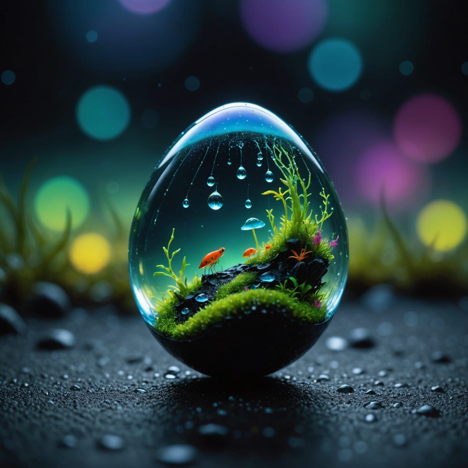 Miniature World in Dewdrop Reflecting Aurora, Bioluminescent...