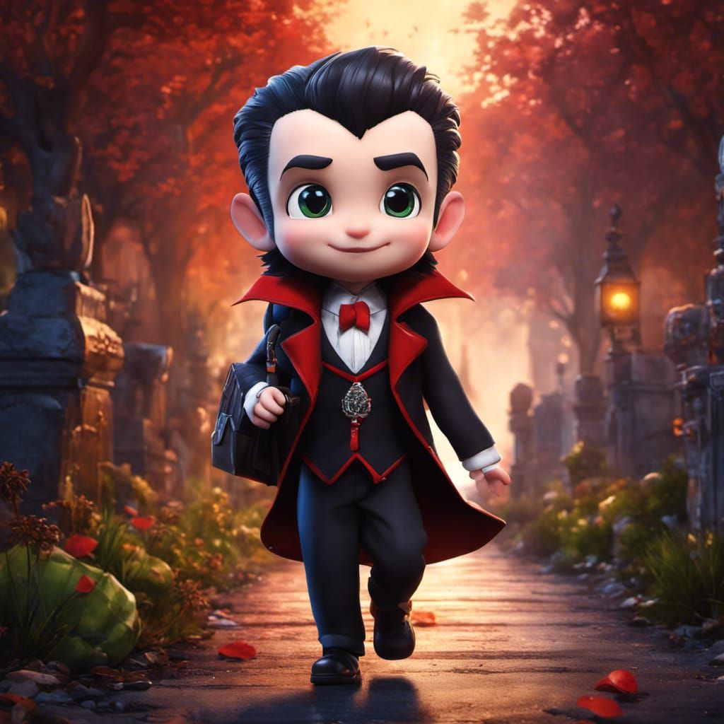 Happy young Count Dracula walking to school.