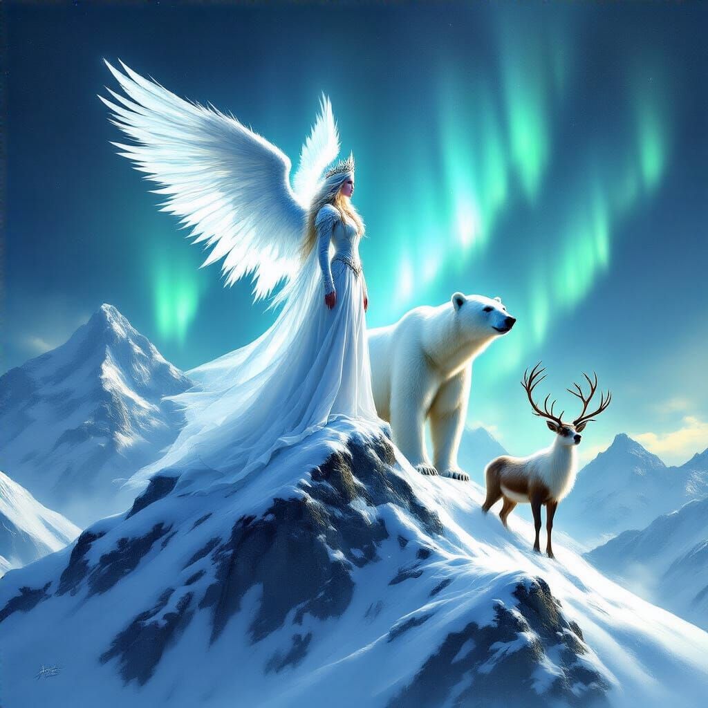 Snow Queen Angel with Polar Bear and Reindeer on Mountain