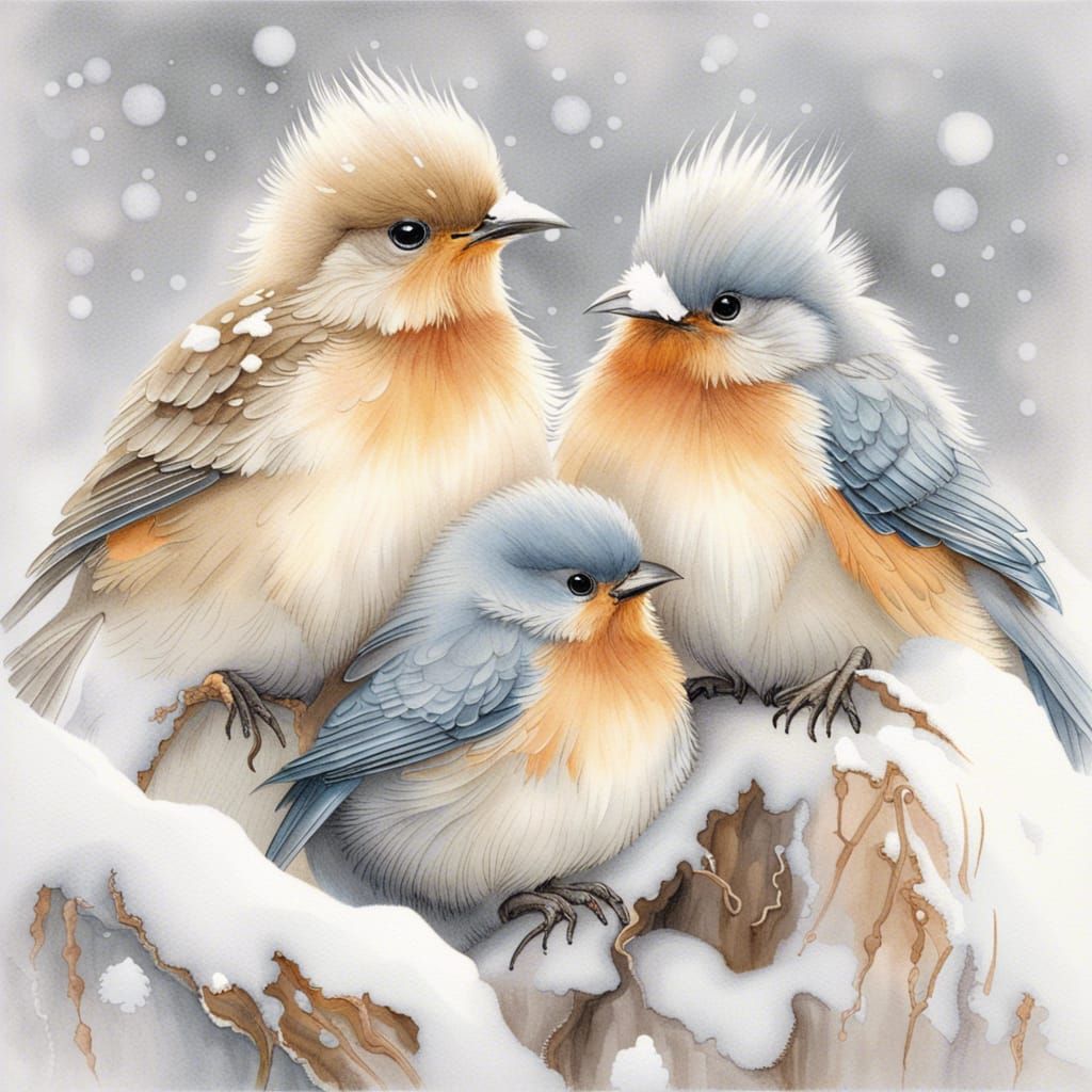 Birds Huddle in Winter Snow, Cozy Scene