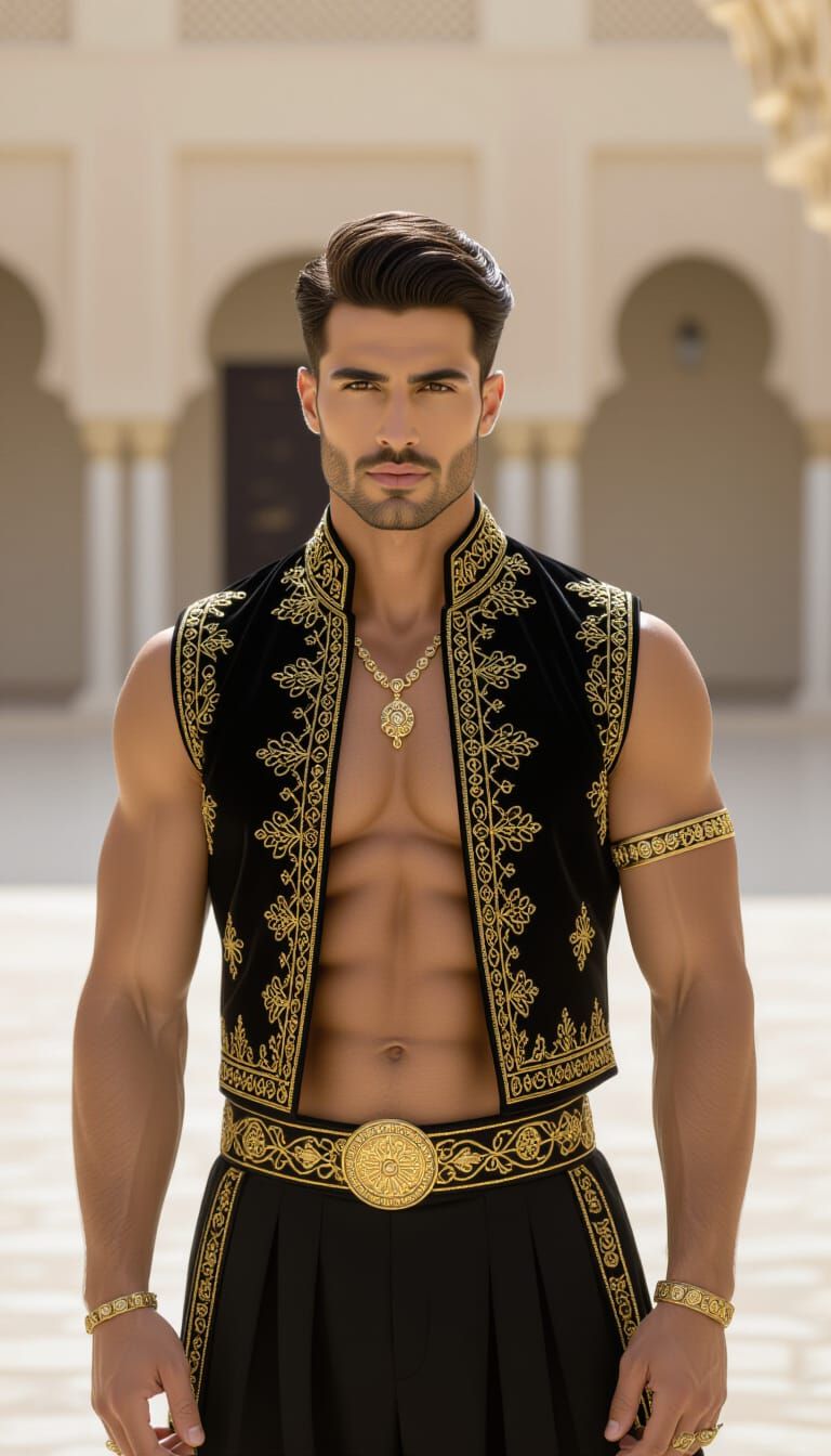 Handsome Middle Eastern Man in Ornate Gold-Trimmed Vest