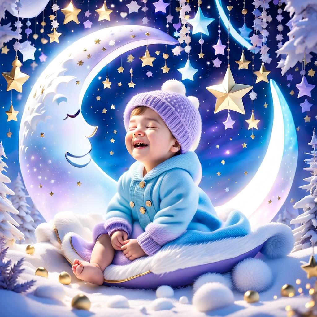 Toddler Laughing on the Moon with Hanging Stars