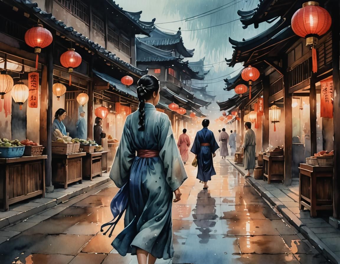 East Asian Market Street at Dusk in Watercolor Style