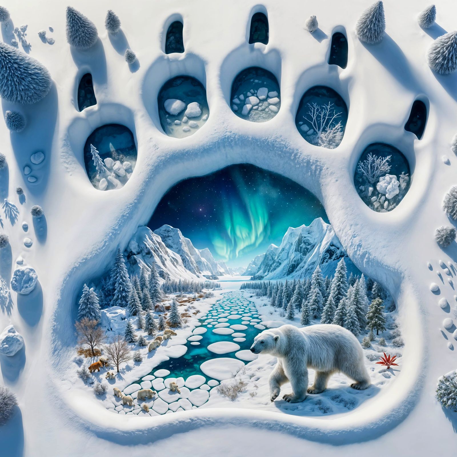Surreal Polar Bear Paw Print Landscape in Winter Wonderland