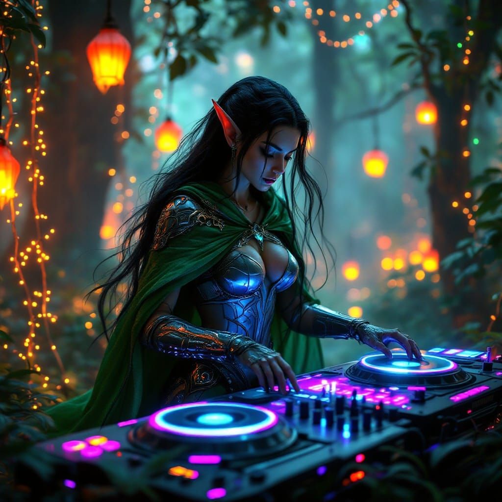 Ethereal Elven DJ Shines in Cyberpunk Forest Rave