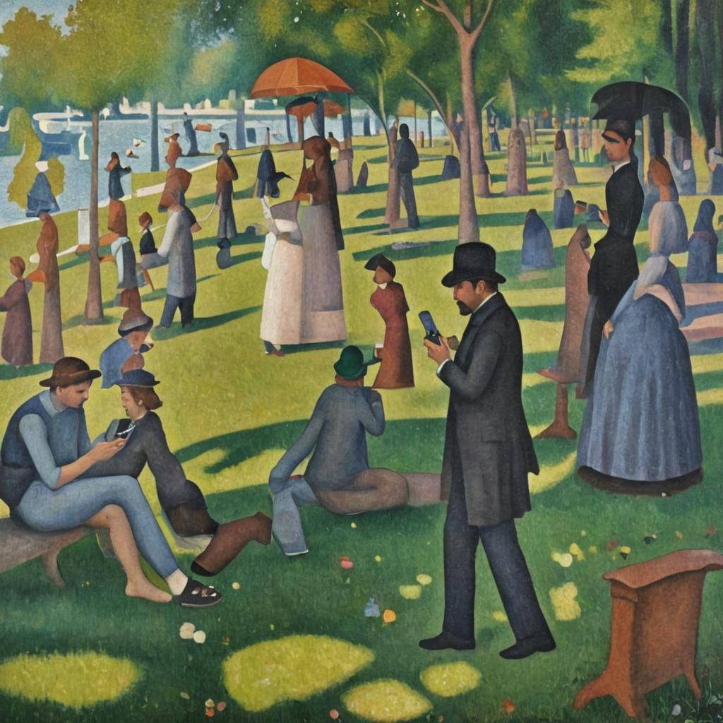 People with iPads in Pointillist Park Scene