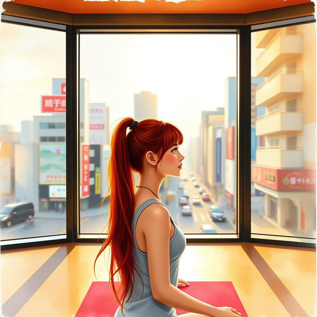 Tranquil Yoga Class in Tokyo: Watercolor Style