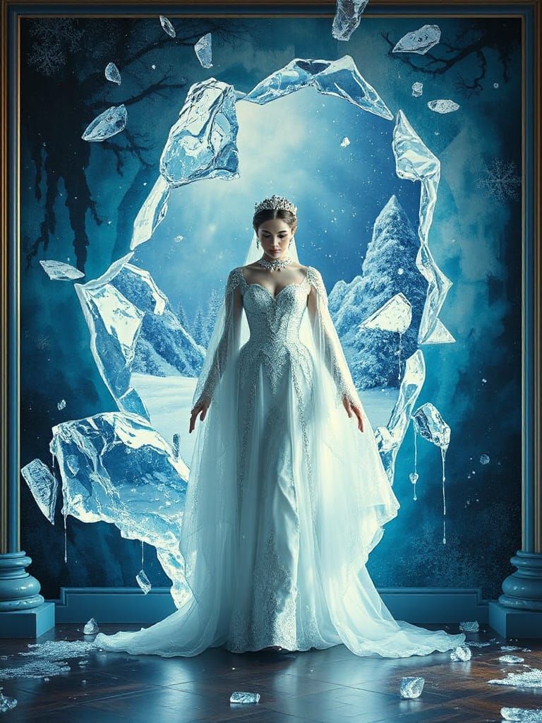 Regal Winter Queen In Fractured Frost Glass Mural