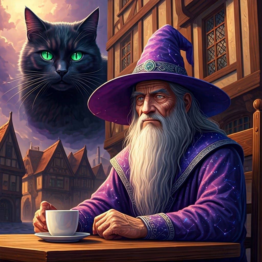 Majestic Black Cat Watches Over Ancient Wizard in Vibrant Fa...