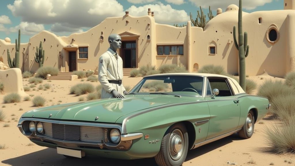 Figure with Grey Skin in Green Car, Santa Fe Backdrop, Conce...