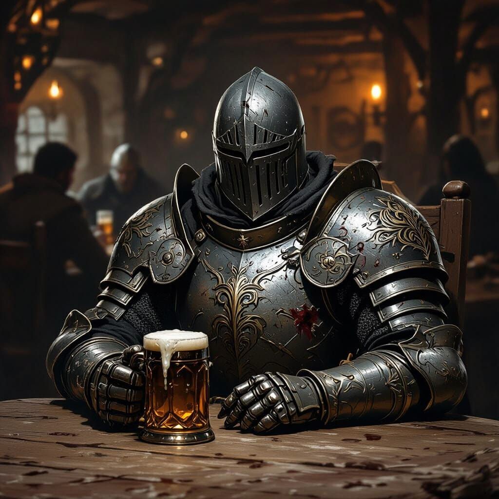 Knight in Dim Tavern, Realistic Dark Fantasy Style