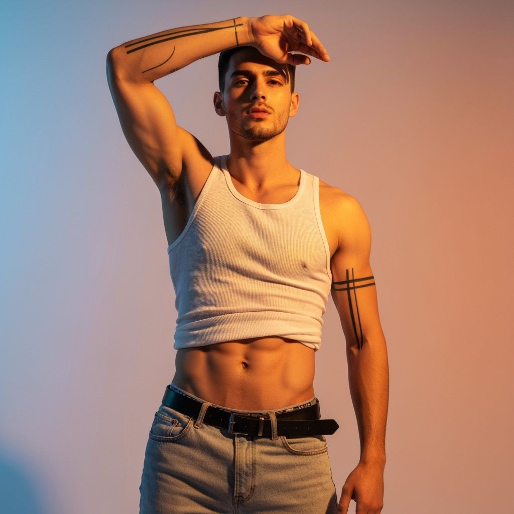 Athletic Man Poses with Golden Lighting on Gradient Backgrou...