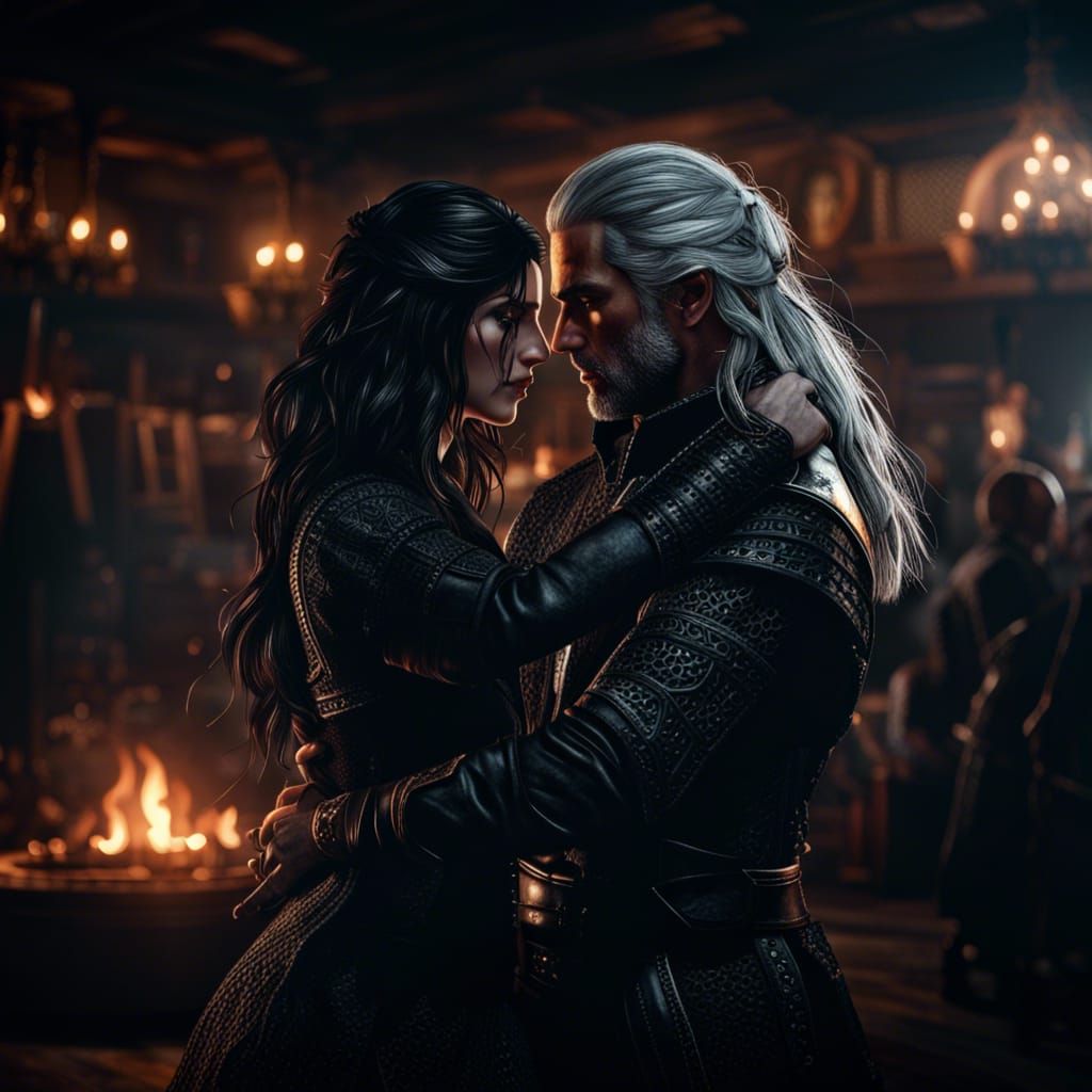 Geralt and Yennefer's Dance in Hyperrealistic Style
