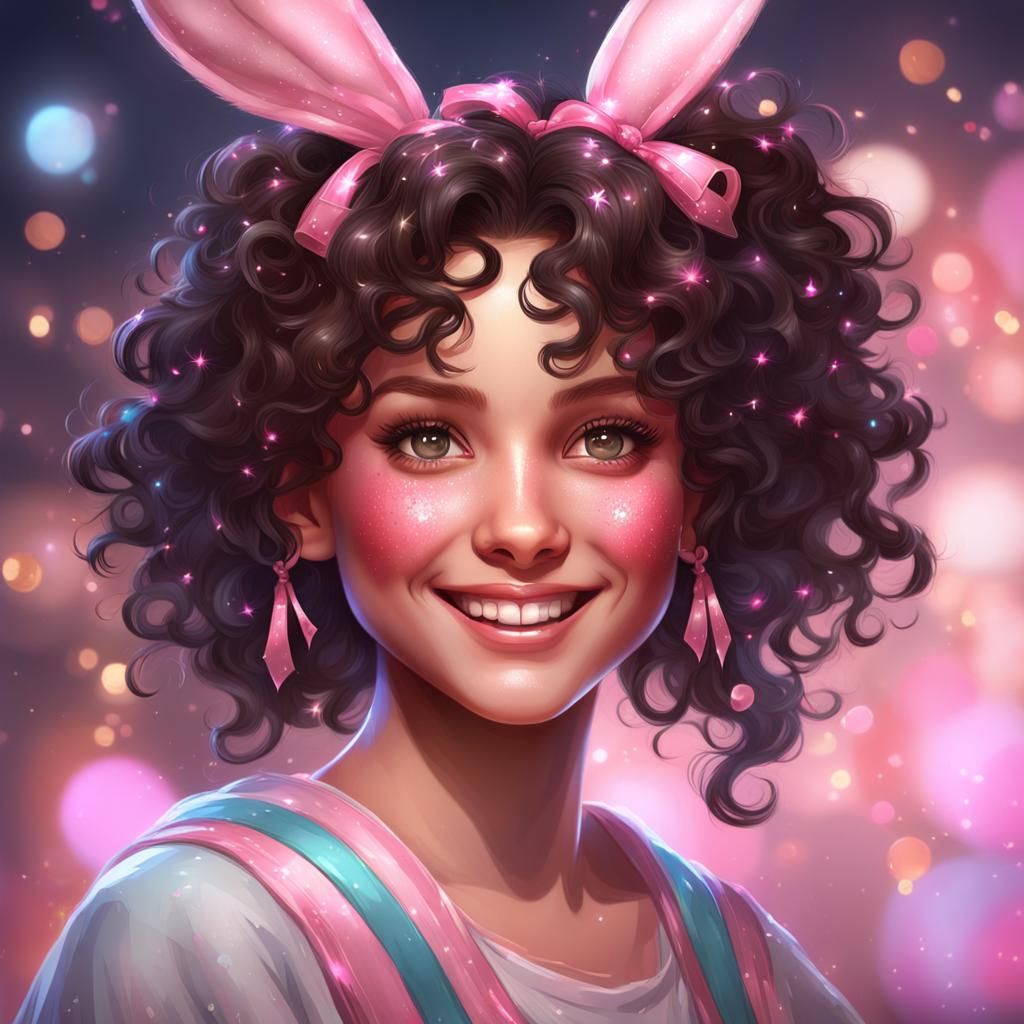 Lovely Brunette Bunny Portrait with Pink Sparkles