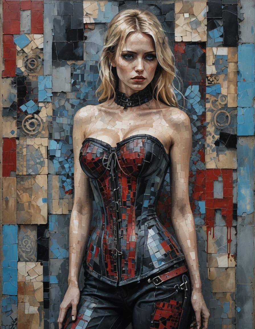 Melancholic Woman Dissolving into Byzantine Industrial Wall