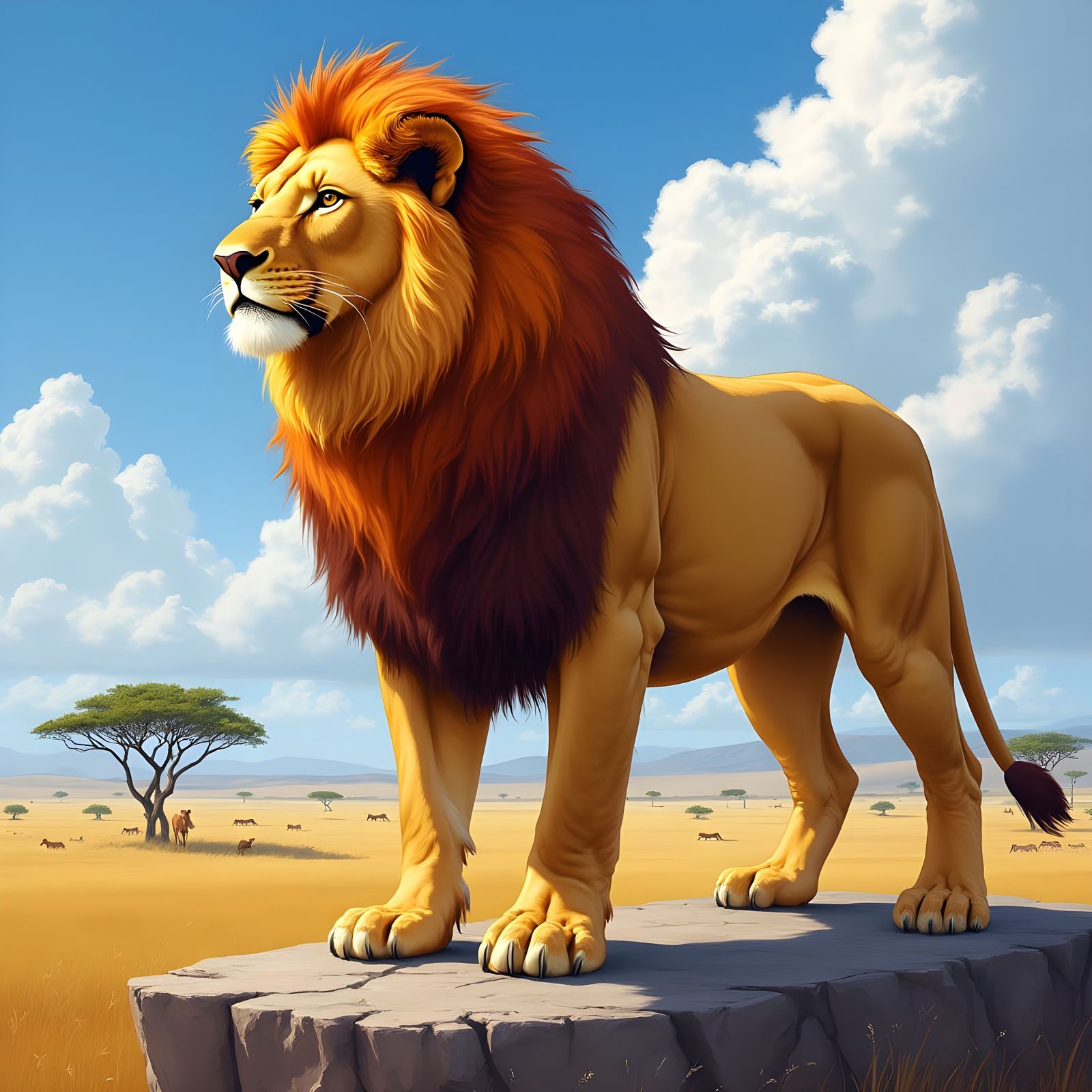 Lion with Fiery Mane Overlooking Savanna