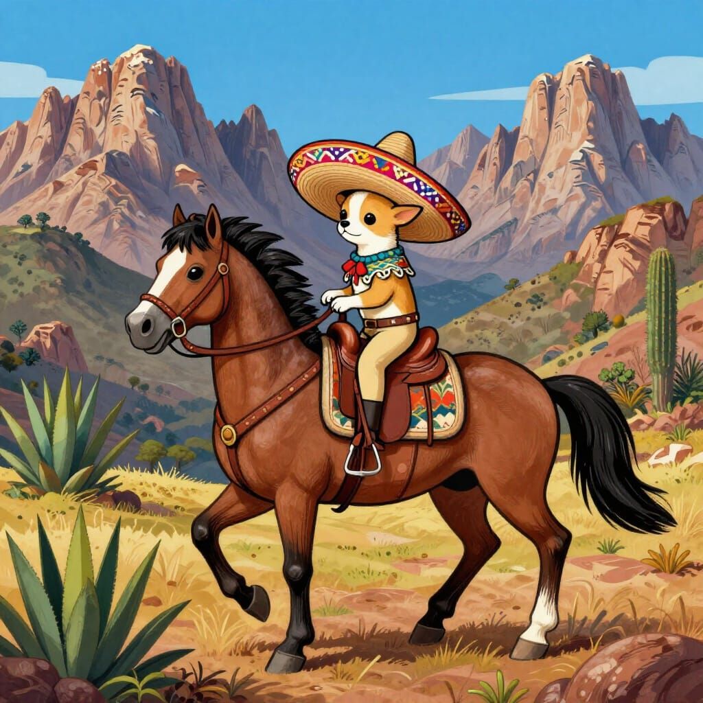 Chihuahua Rides Mustang Through Mexican Mountains in Folk Ar...