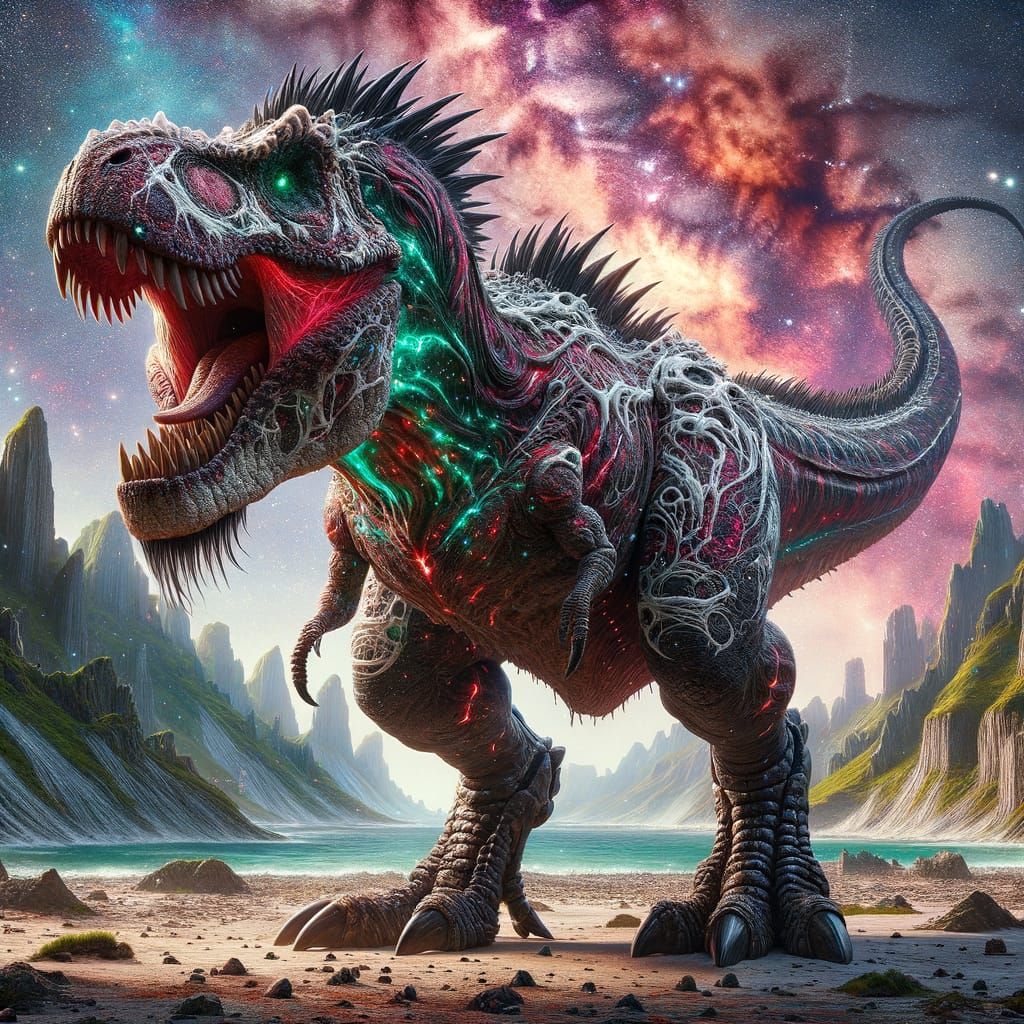 Mutated T-Rex Roaring at Werewolves in Coastal Battle