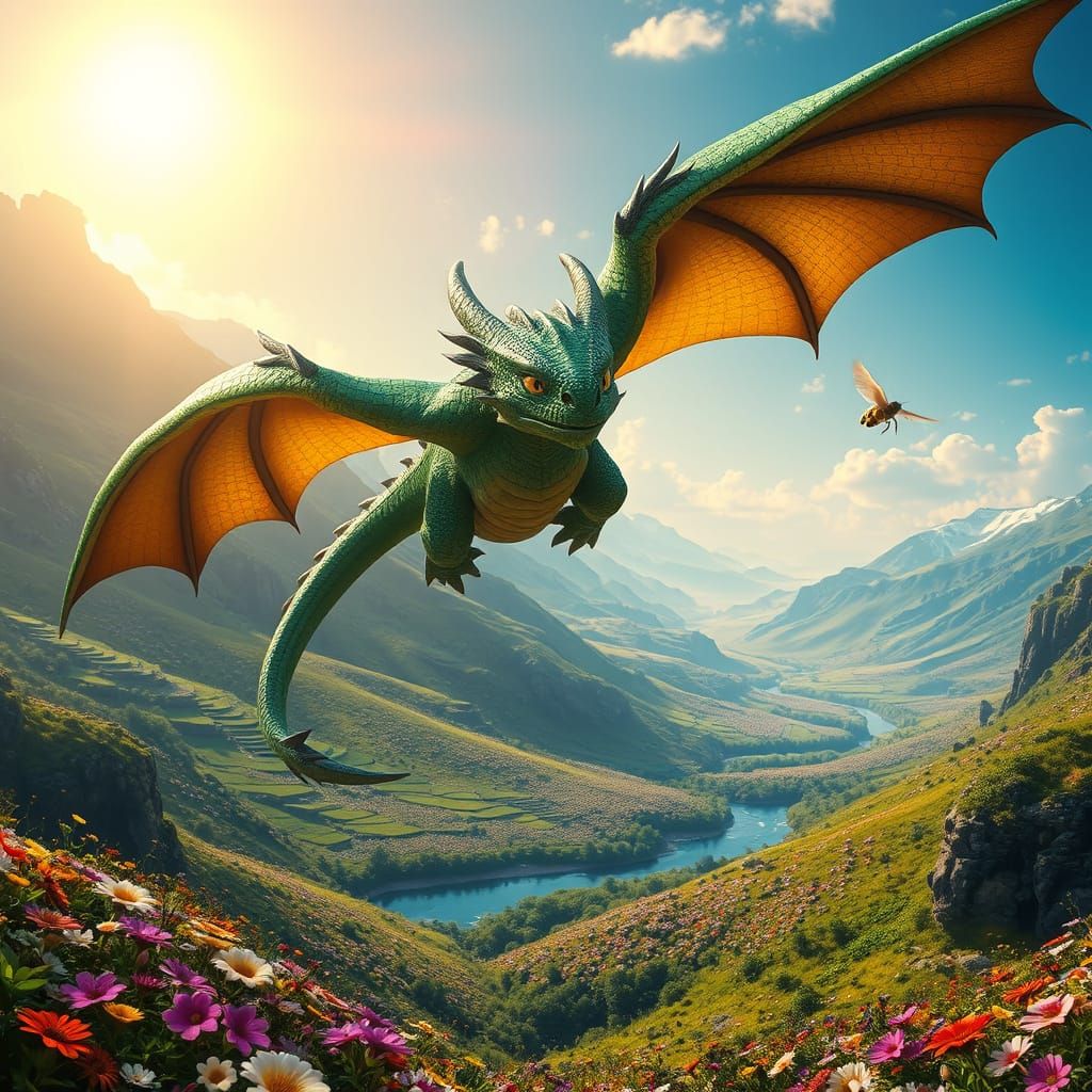 Fantastical Dragon Soars Over Lush Valley in Vibrant Colors