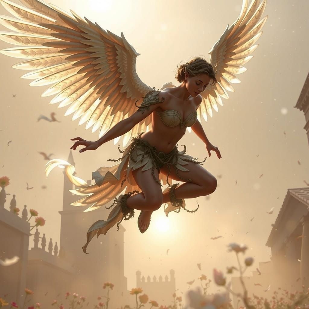 Ethereal Angel Soars Over a Vibrant Floral Landscape in Phot...