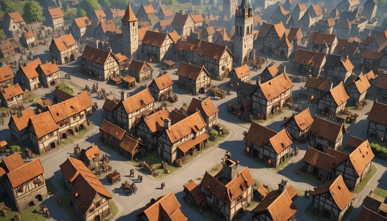 Medieval Village Scene in Strategy Game