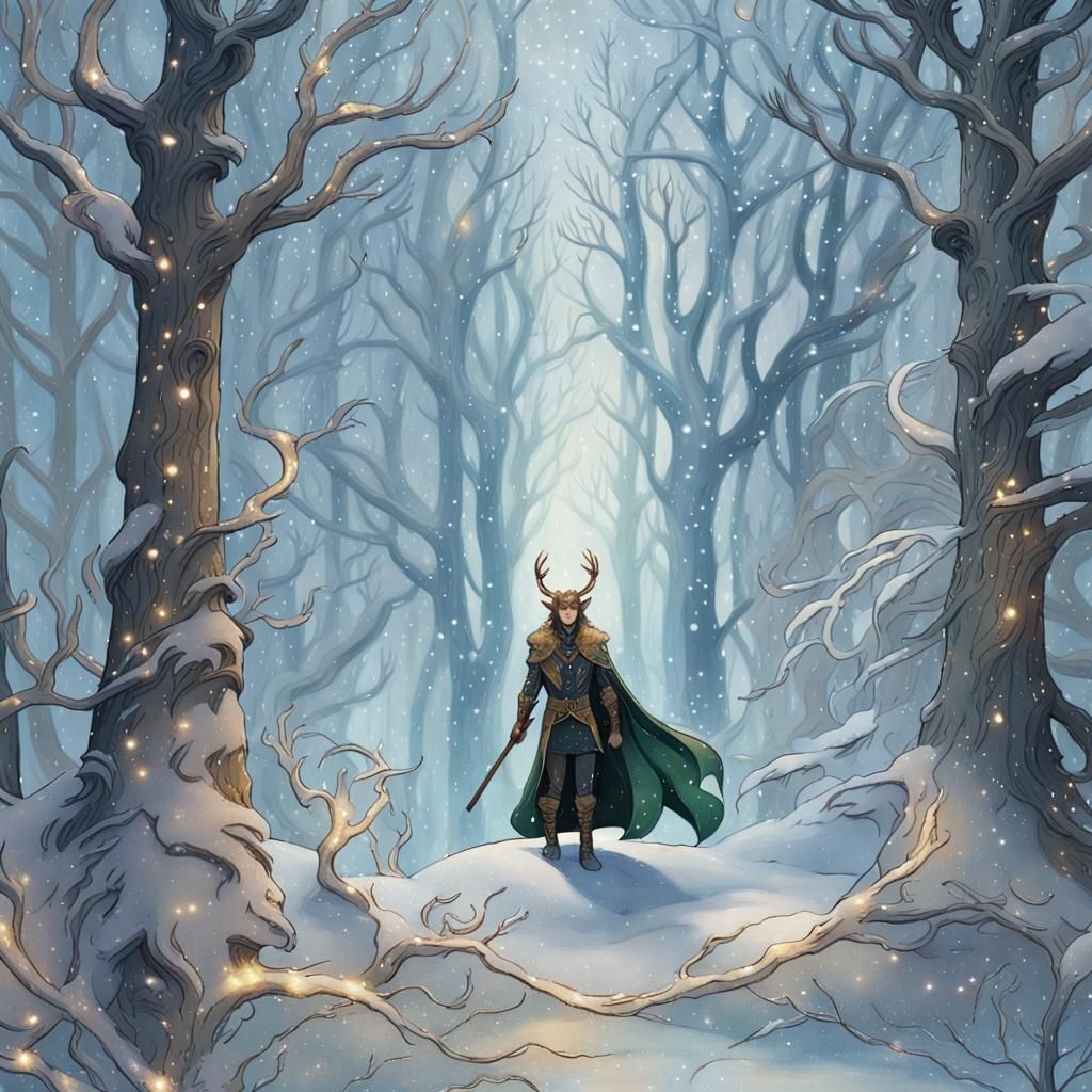 Loki in Winter Forest, Arthur Rackham Style
