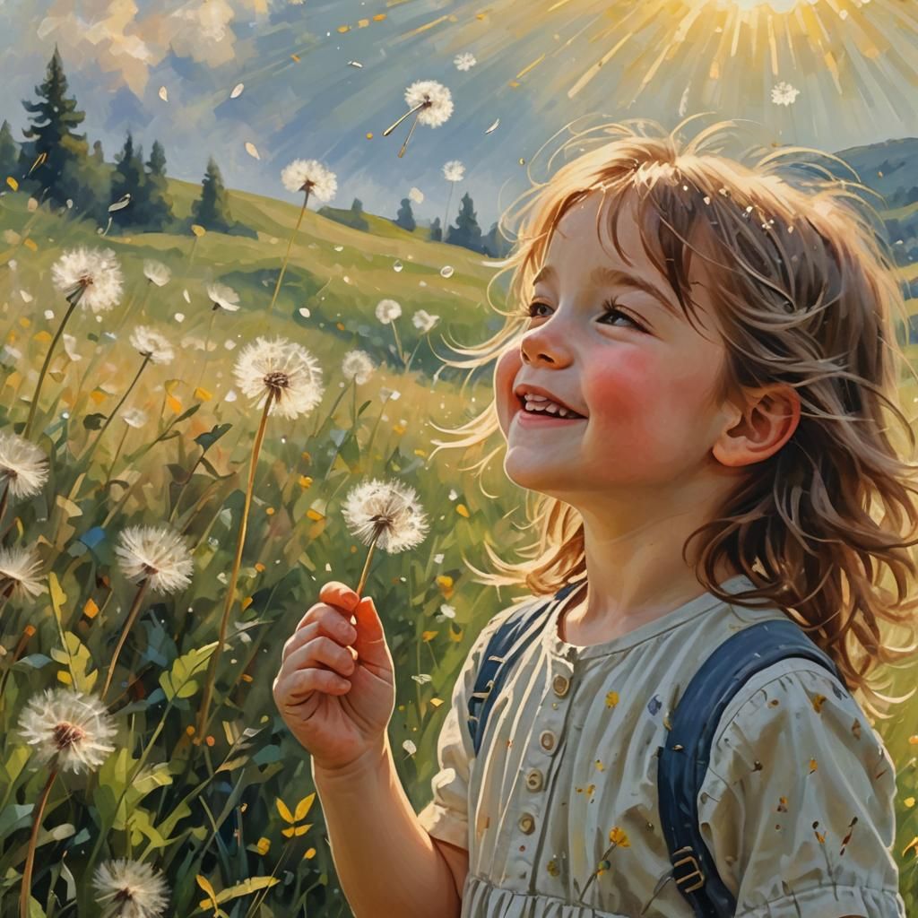 Child with Dandelions in Impressionist Style