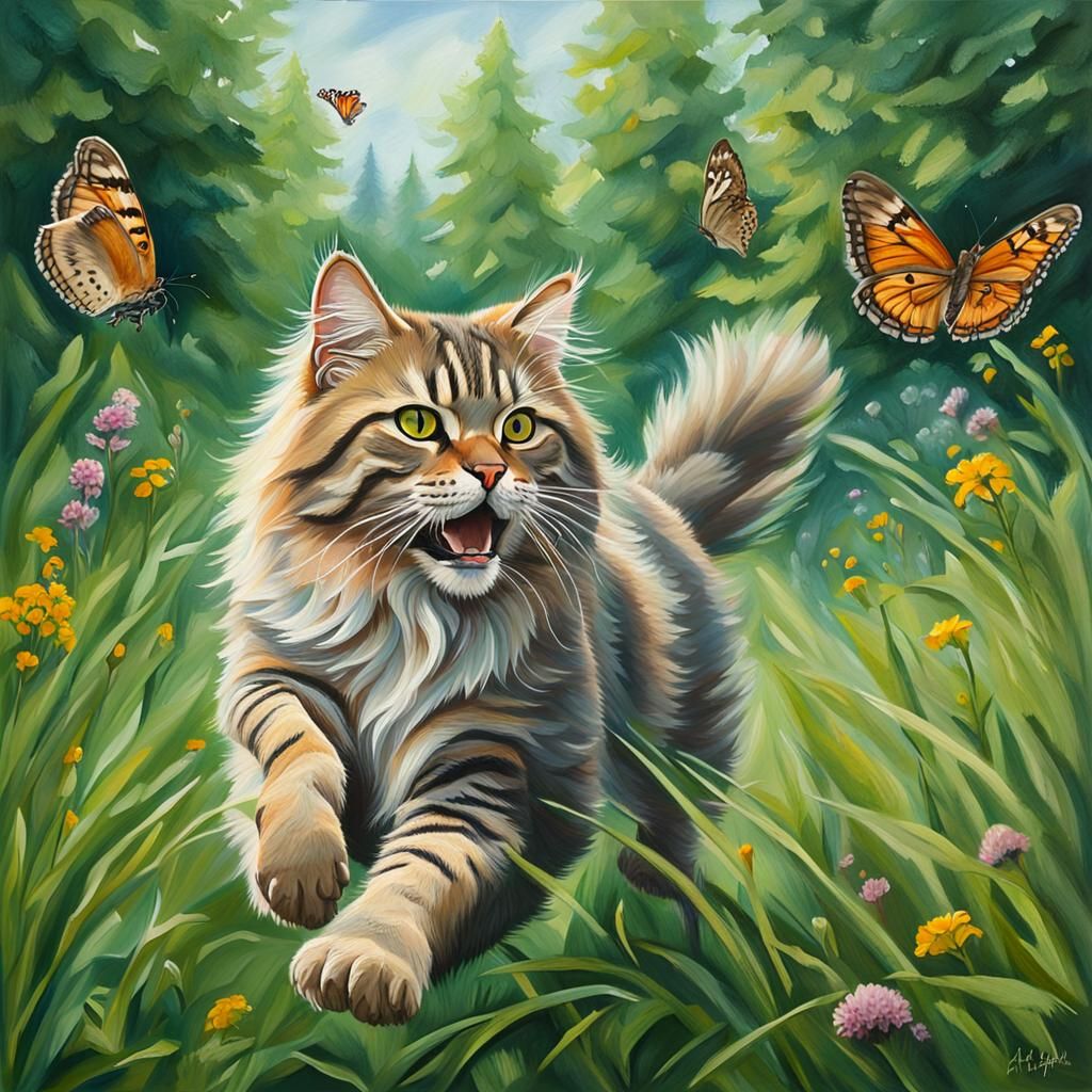 Siberian Cat Leaping for Butterfly: Acrylic Painting