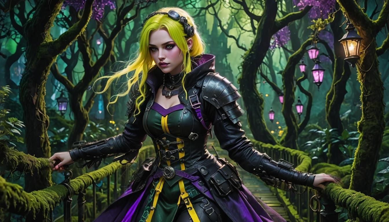 Cyberpunk Girl's Midnight Adventure in Ethereal Forest