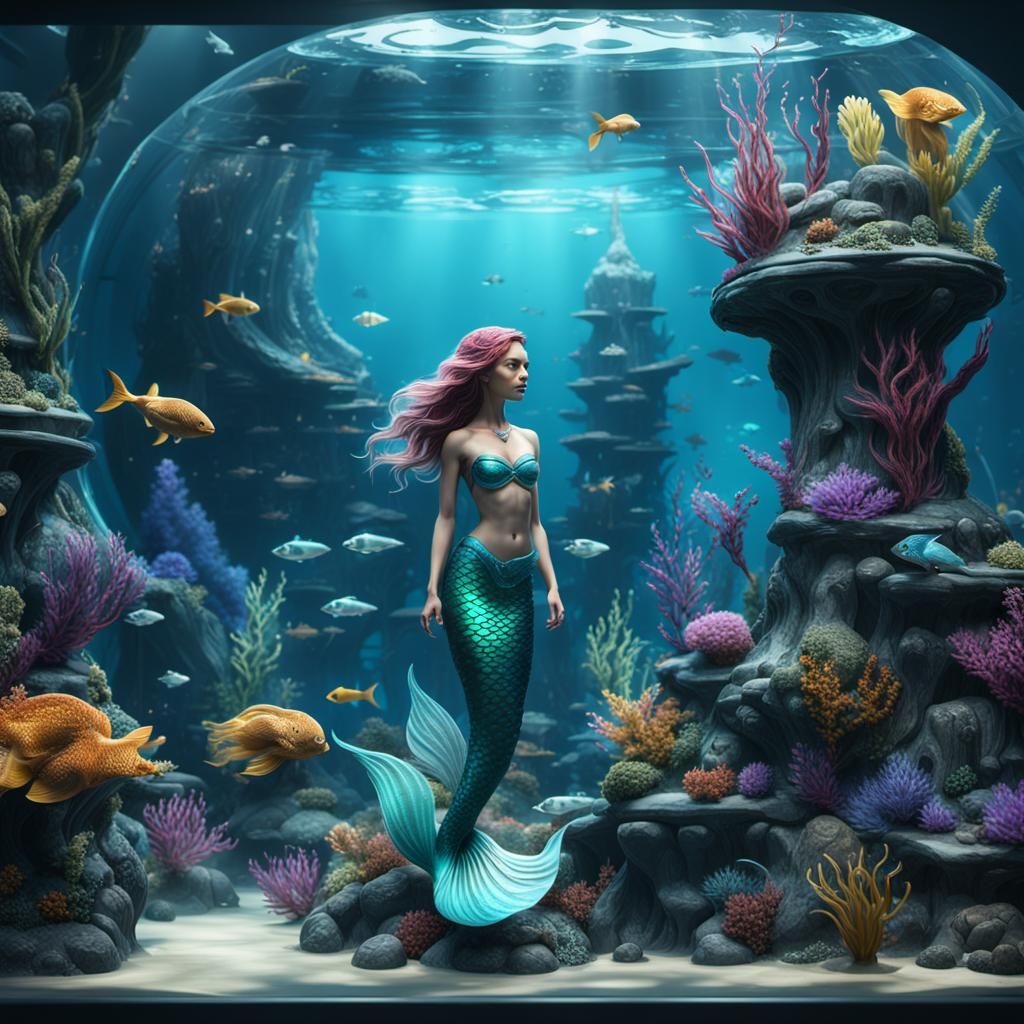 Miniature Mermaid in Futuristic Aquarium, Detailed Matte Pai...