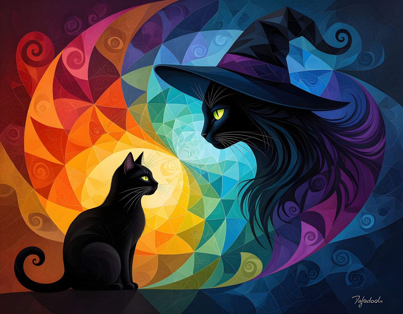 Dark Witch and Black Cat in Fractal Flame Painting