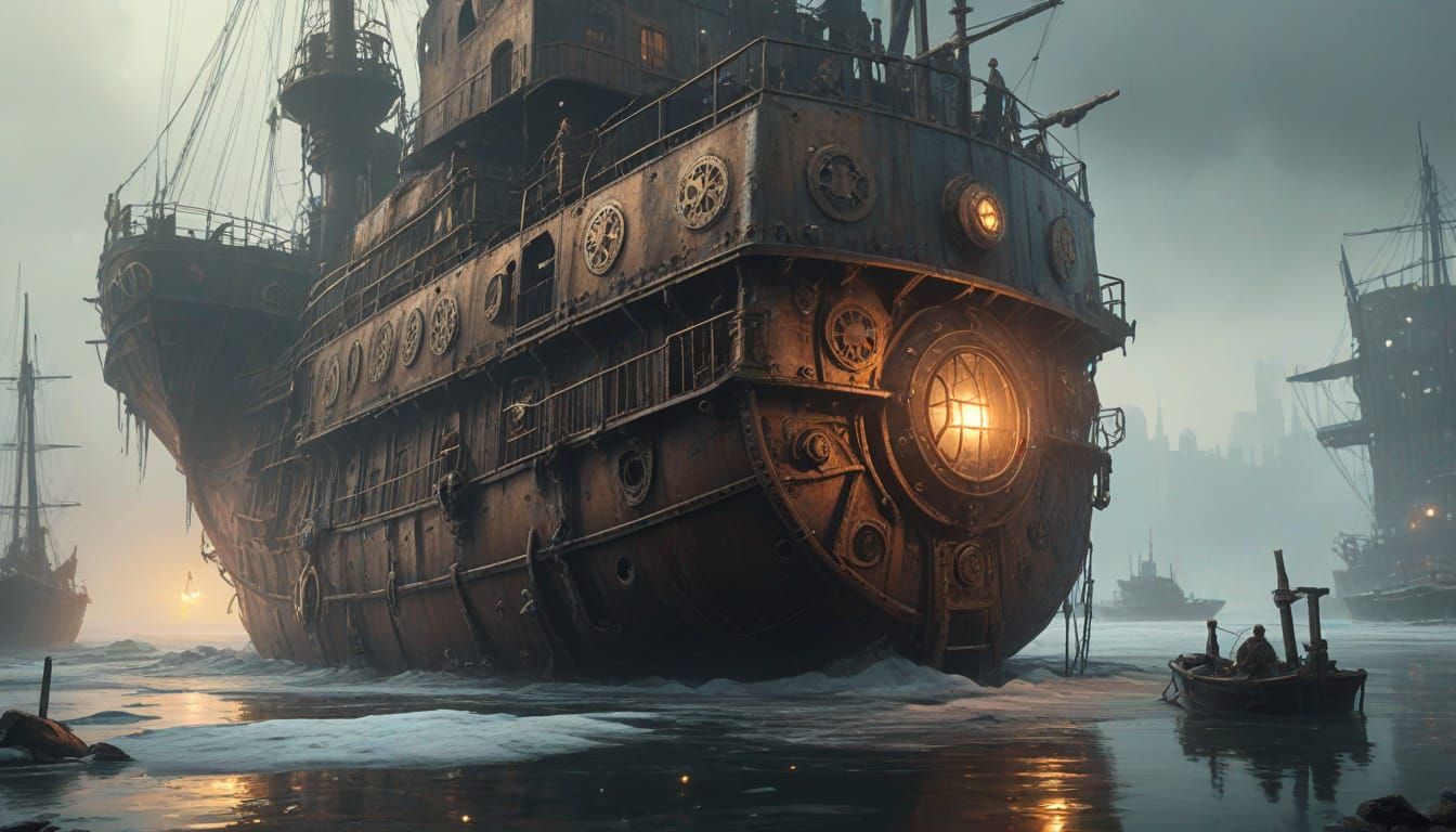 Steampunk Explorer in Sunken Harbor Oil Painting