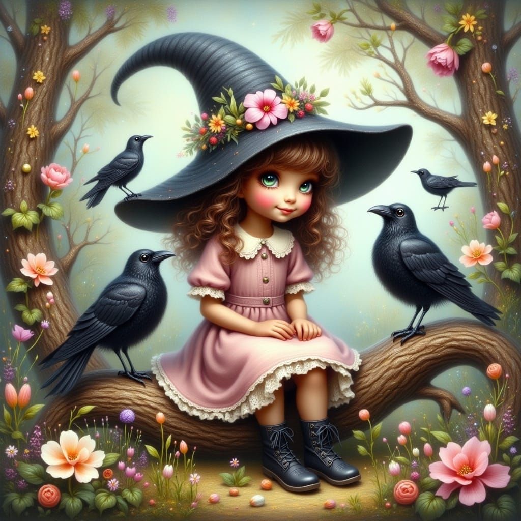 Whimsical Witch Girl with Ravens in Flower Garden