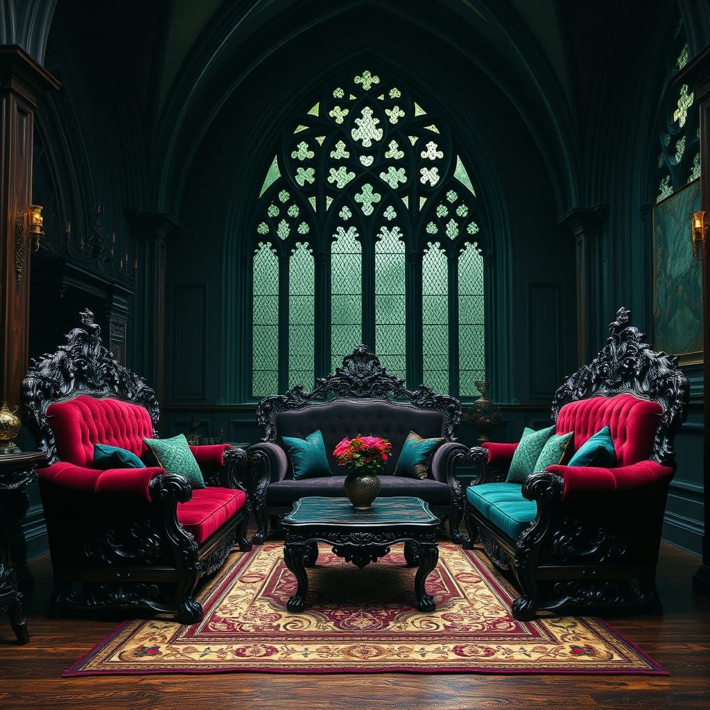 Gothic Furniture with Dark, Ornate Details and Dramatic Ligh...