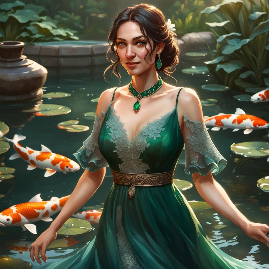 Brunette in Emerald Dress in Koi Pond