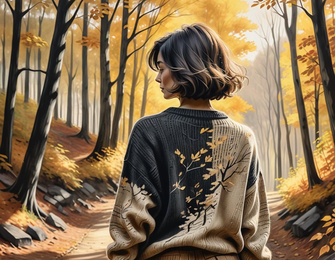 Woman in Autumn Forest, Charcoal Drawing