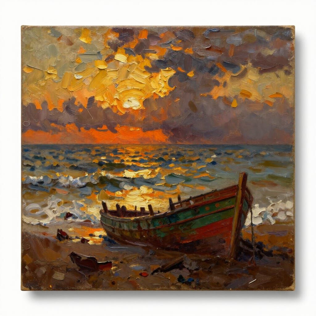An oil painting on canvas, richly textured brushstrokes with visible layers of paint, depicting a dramatic seascape at s...