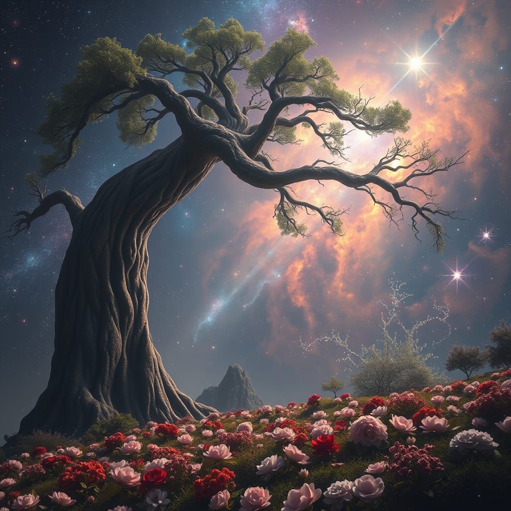 Celestial Gardener Pruning Nebulae in Hyperrealistic Style