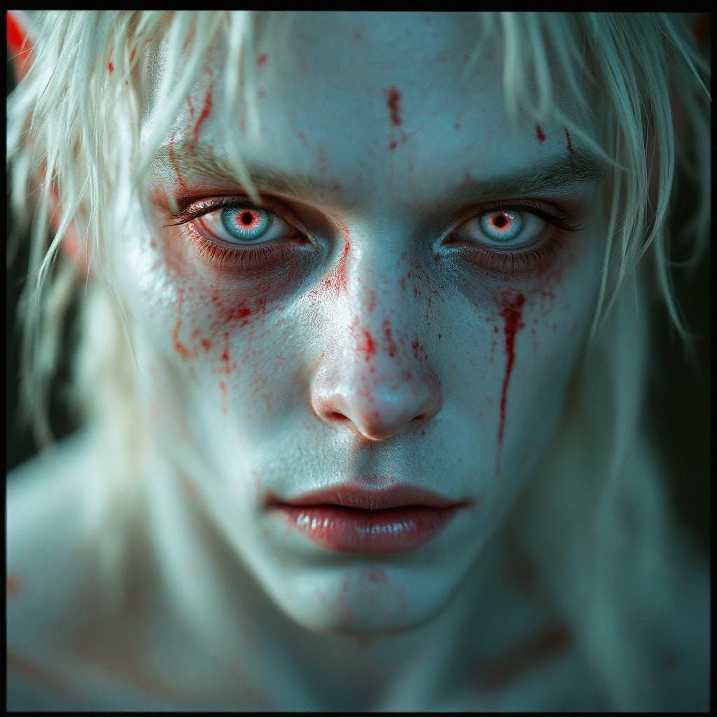 Dramatic Pink-Eyed Half-Orc Portrait in Cinematic Style