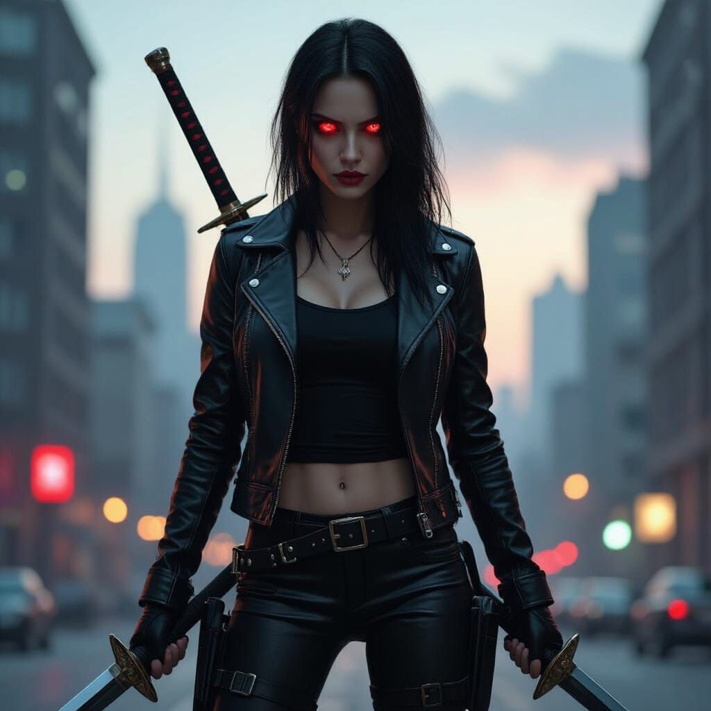 Vampire Vigilante with Dual Swords in Gritty Cityscape