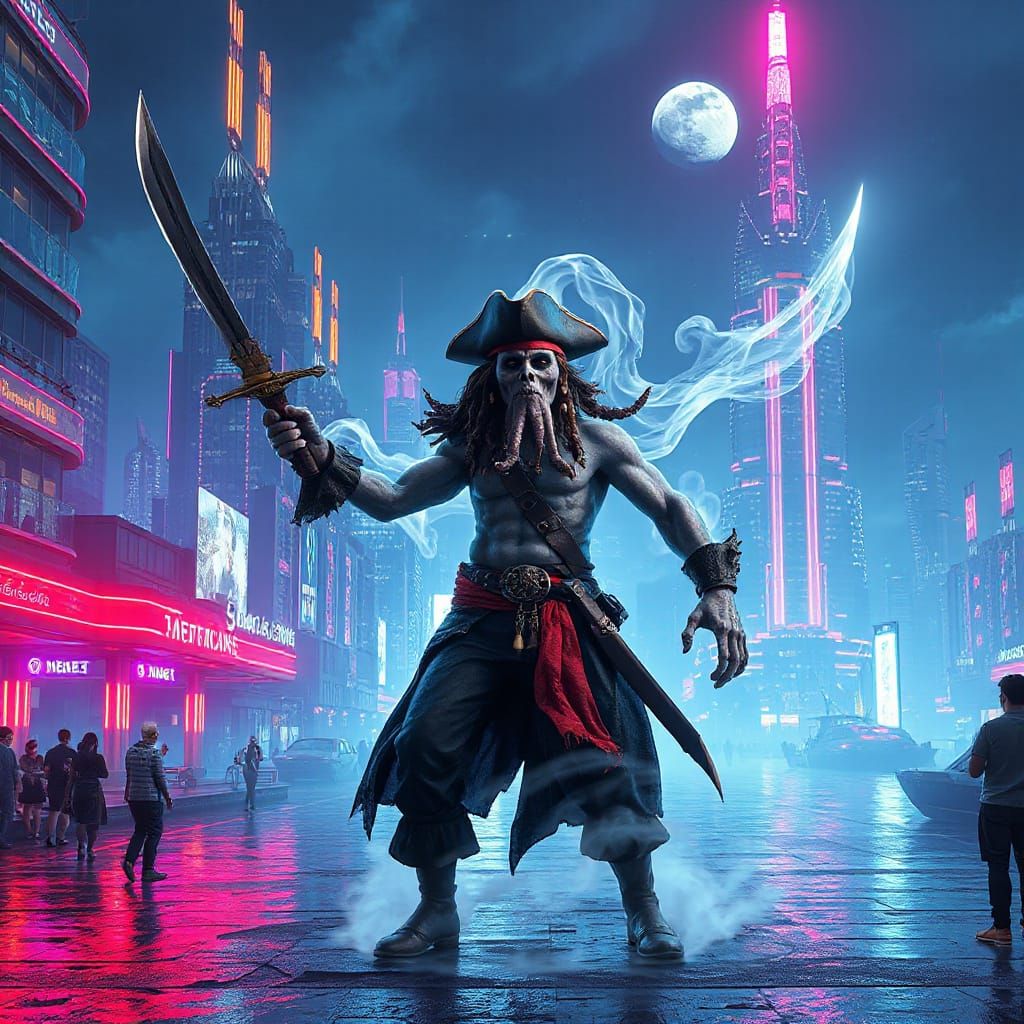 Ghostly Pirate Captain Swirls Scimitar in Futuristic Bay