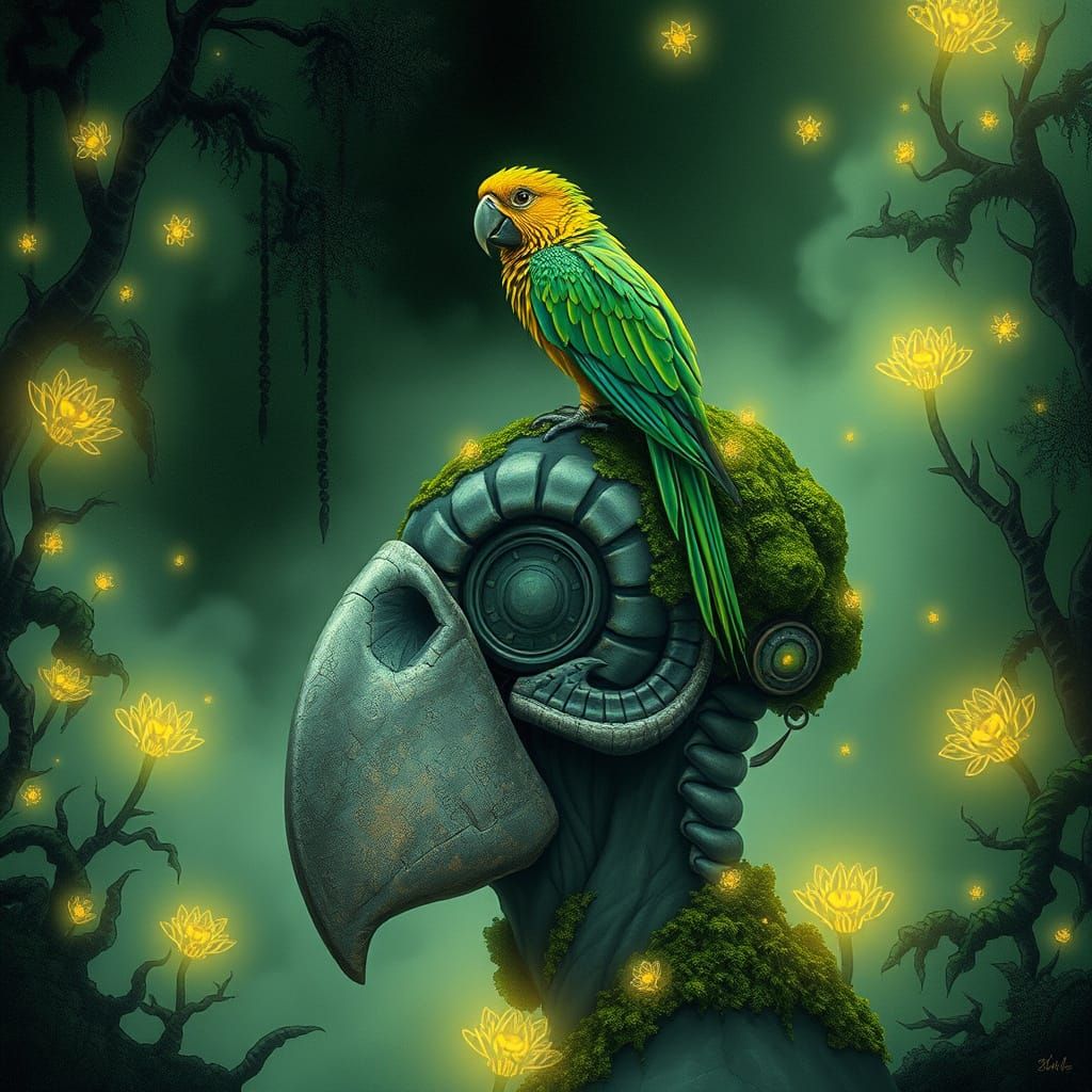 Bioluminescent Parrot on Ancient Stone Head in Alien Jungle