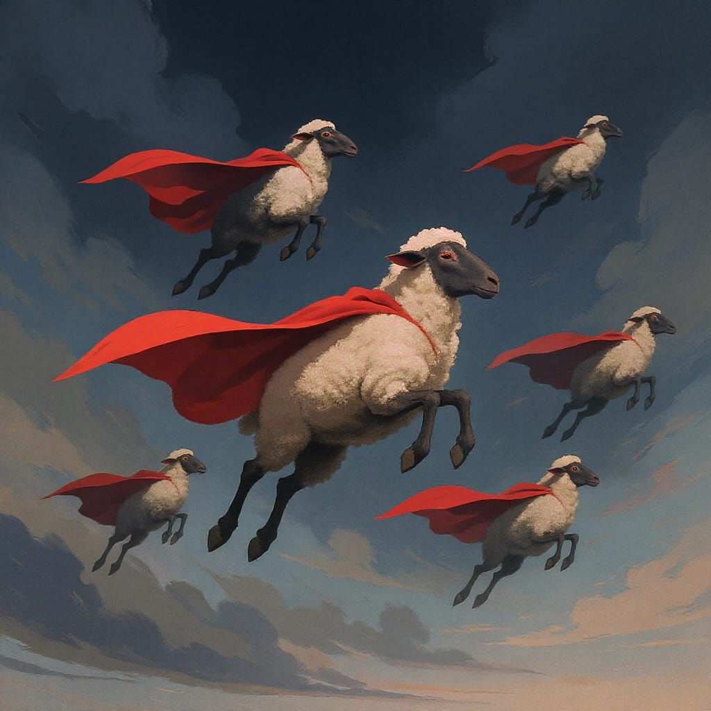 Flying Sheep Superhero in Cinematic Style