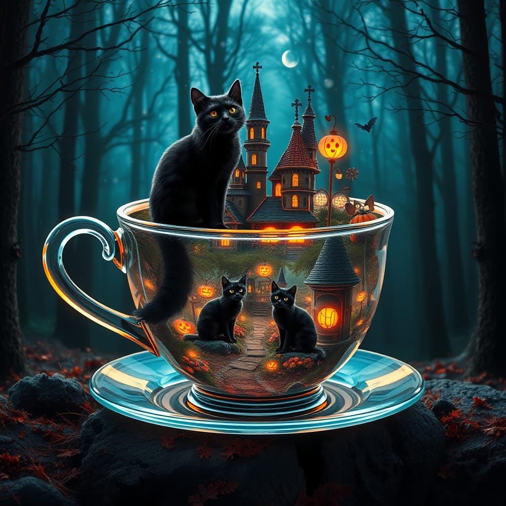 Magical Halloween Village Inside Crystal Teacup