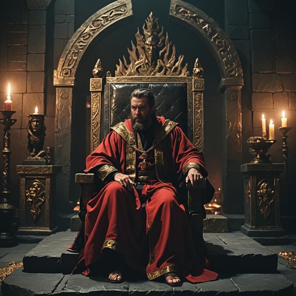 Dramatic Film Still: Angry King on Stone Throne