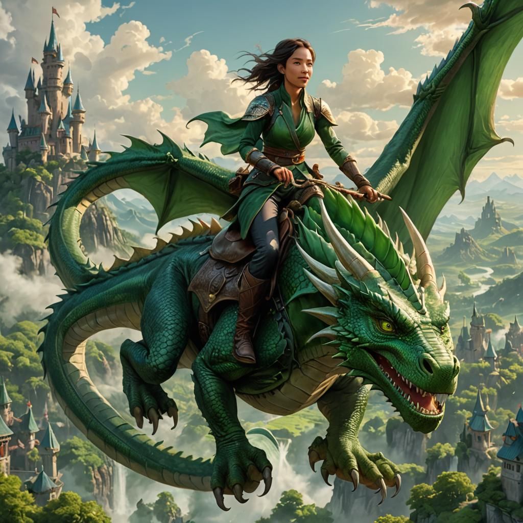 Woman Rides a Friendly Green Dragon