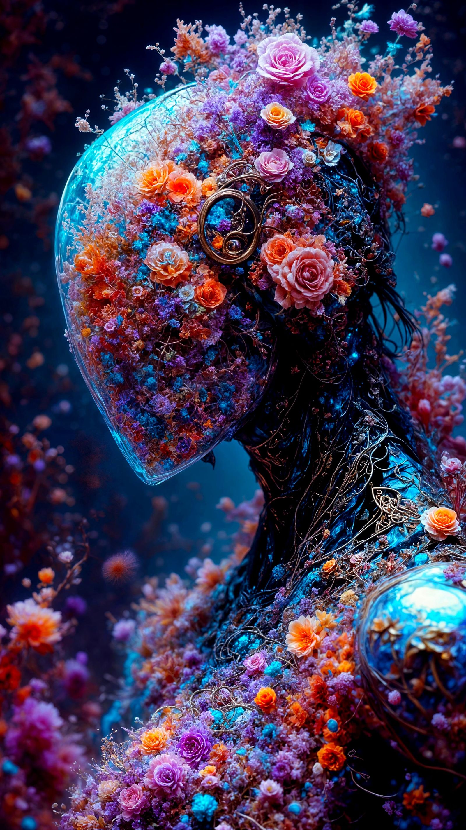 Botanical Robot Portrait with Glowing Matrix